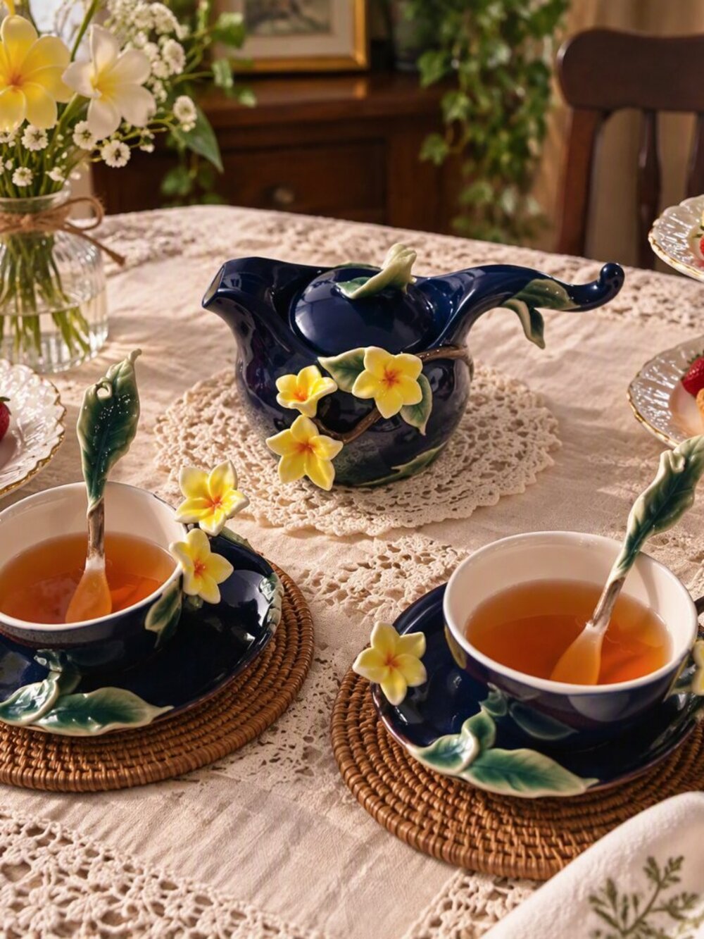 $25 sale Sorelle Fine Porcelain Cobalt Blue Tea Set Jasmine Demitasse Teapot New
